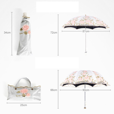 Pongee Panel Lace ricamato ombrello di ossa di tigre per protezione UV e ombrello solare